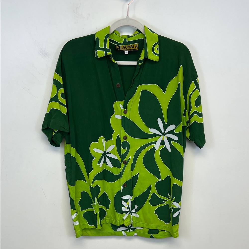 Lauhala Green Hawaiian Aloha Bright Colorful Bold Shirt Men's Size Small